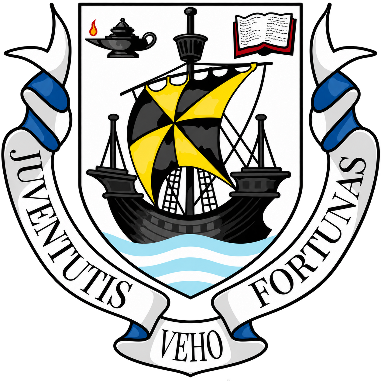 The emblem of the University of the Virgin Islands features a black ship with yellow and black triangular sails, the ship is on waves, and there is a banner with Latin text. The Latin inscription reads ‘JUVENTUTIS FORTE VEHO’.