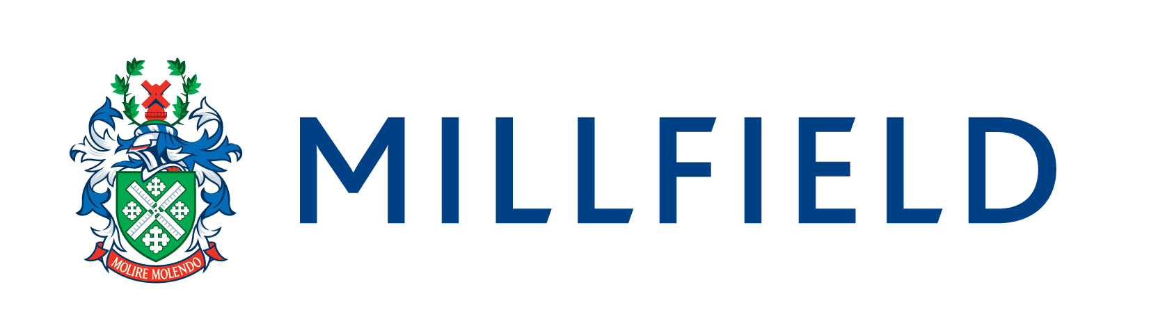 Millefied logo with a crest featuring a shield, a knight's helmet, and decorative elements, along with the Latin phrase 'Molire Molendo' at the bottom.