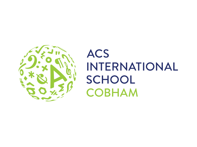 Logo for ACS International School Cobham featuring a green globe with symbols and the school's name in blue and green text.