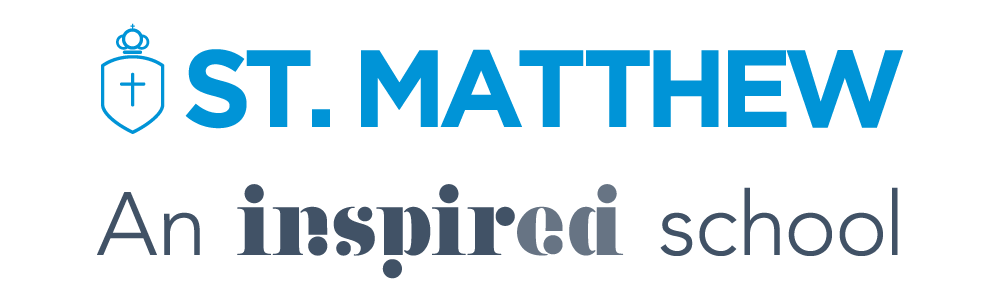 Logo for St. Mathew, with a shield and cross emblem, and the text "St. Mathew" in large blue letters, followed by the tagline "An inspired school" in smaller gray font.
