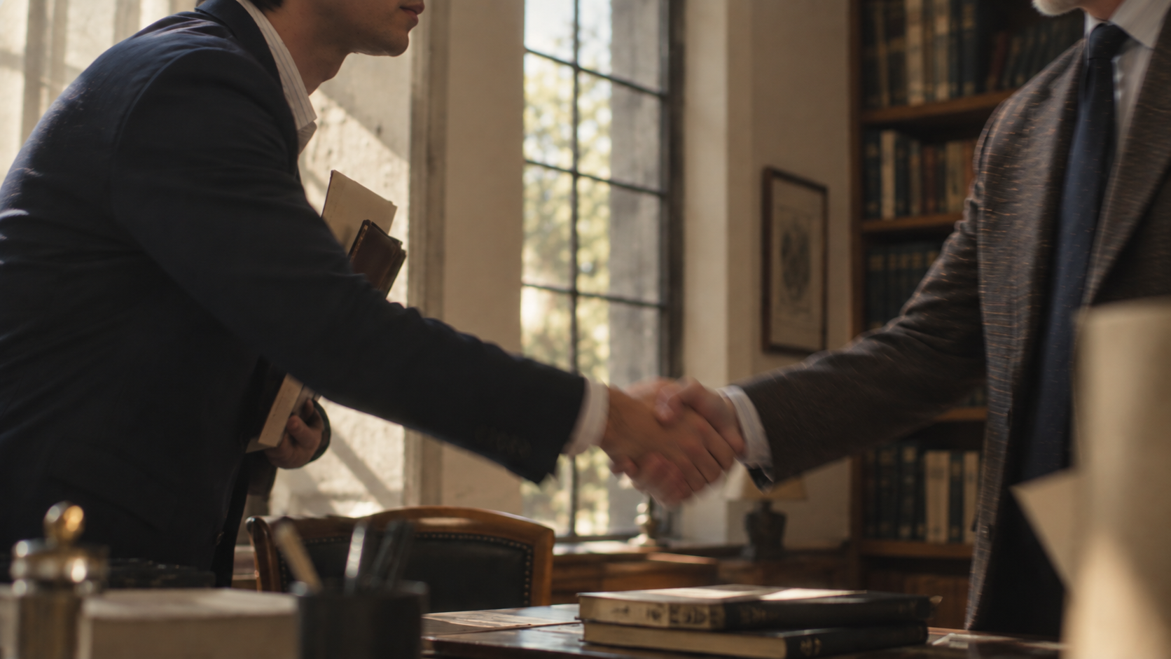 Two men in suits shaking hands in a well-lit office with large windows and bookshelf.