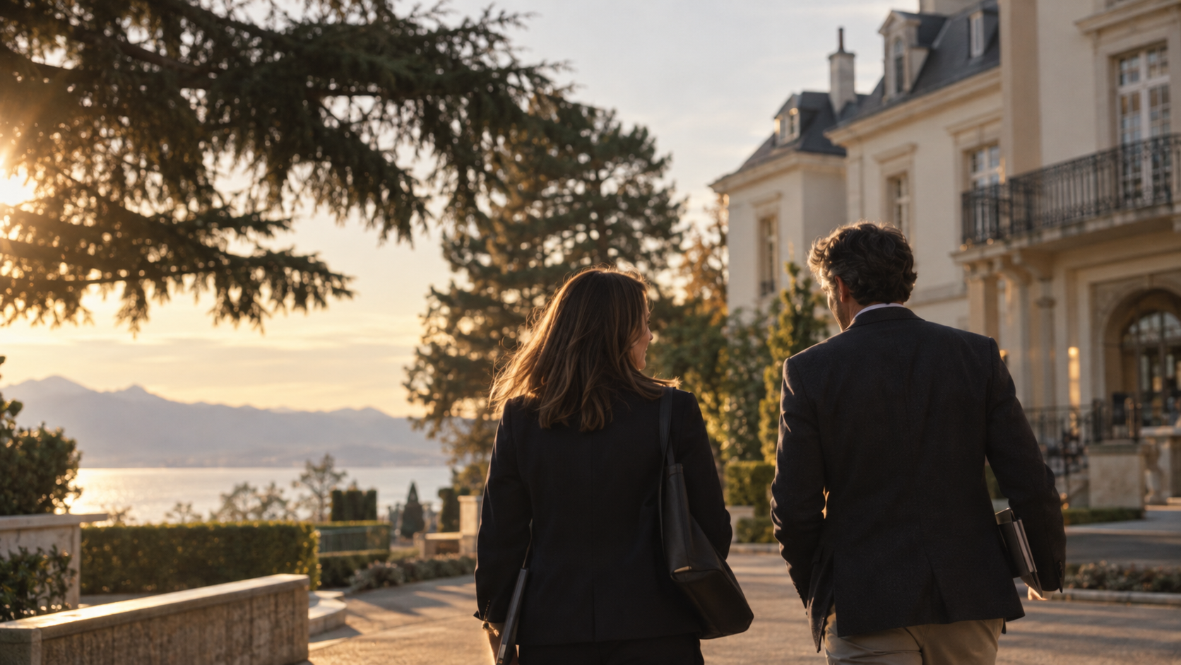 A man and woman walking outside near a large white house at sunset, with mountains and water in the background.
