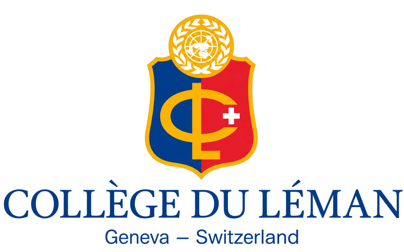 Logo of Collège du Léman, a Swiss international school in Geneva, featuring a shield with a cross, a laurel wreath, and the school name in blue text with Geneva and Switzerland location indicators.