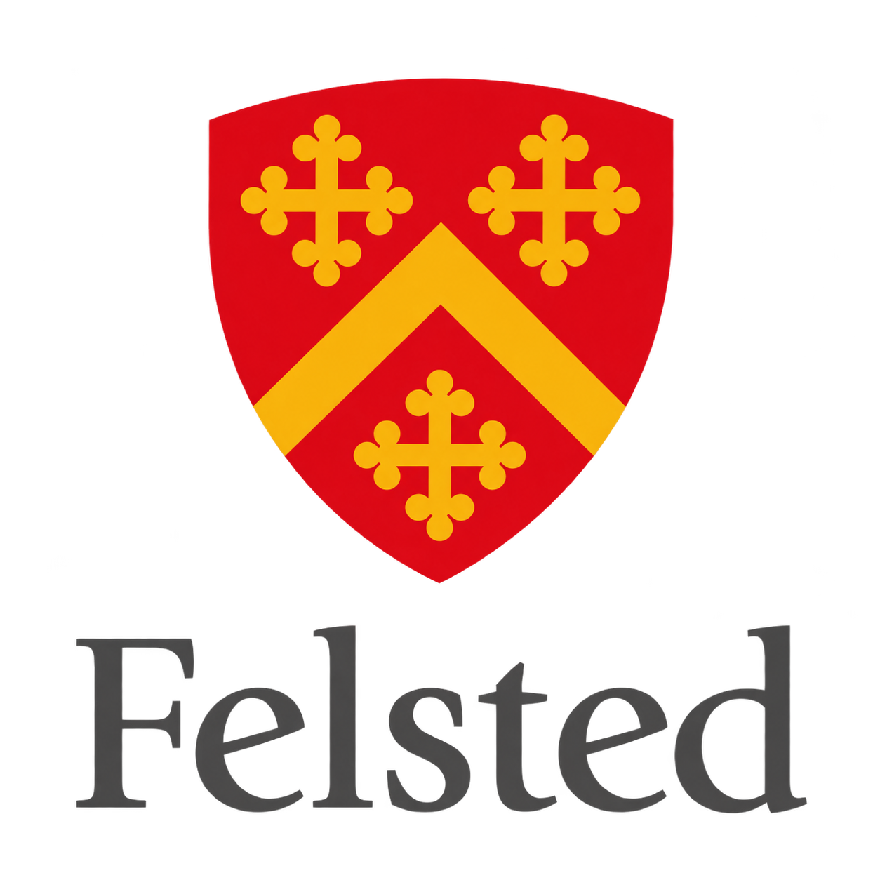 A crest with a yellow chevron and three gold crosses on a red shield, and the word "Felsted" below it.