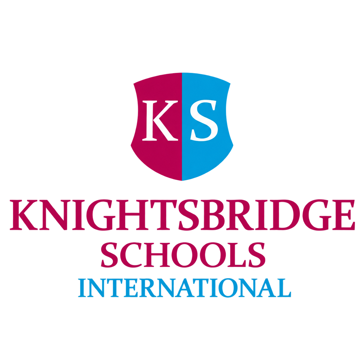 Logo for Knightsbridge Schools International featuring a shield with red and blue halves and the initials 'KS', with the school's name in red and blue text below.
