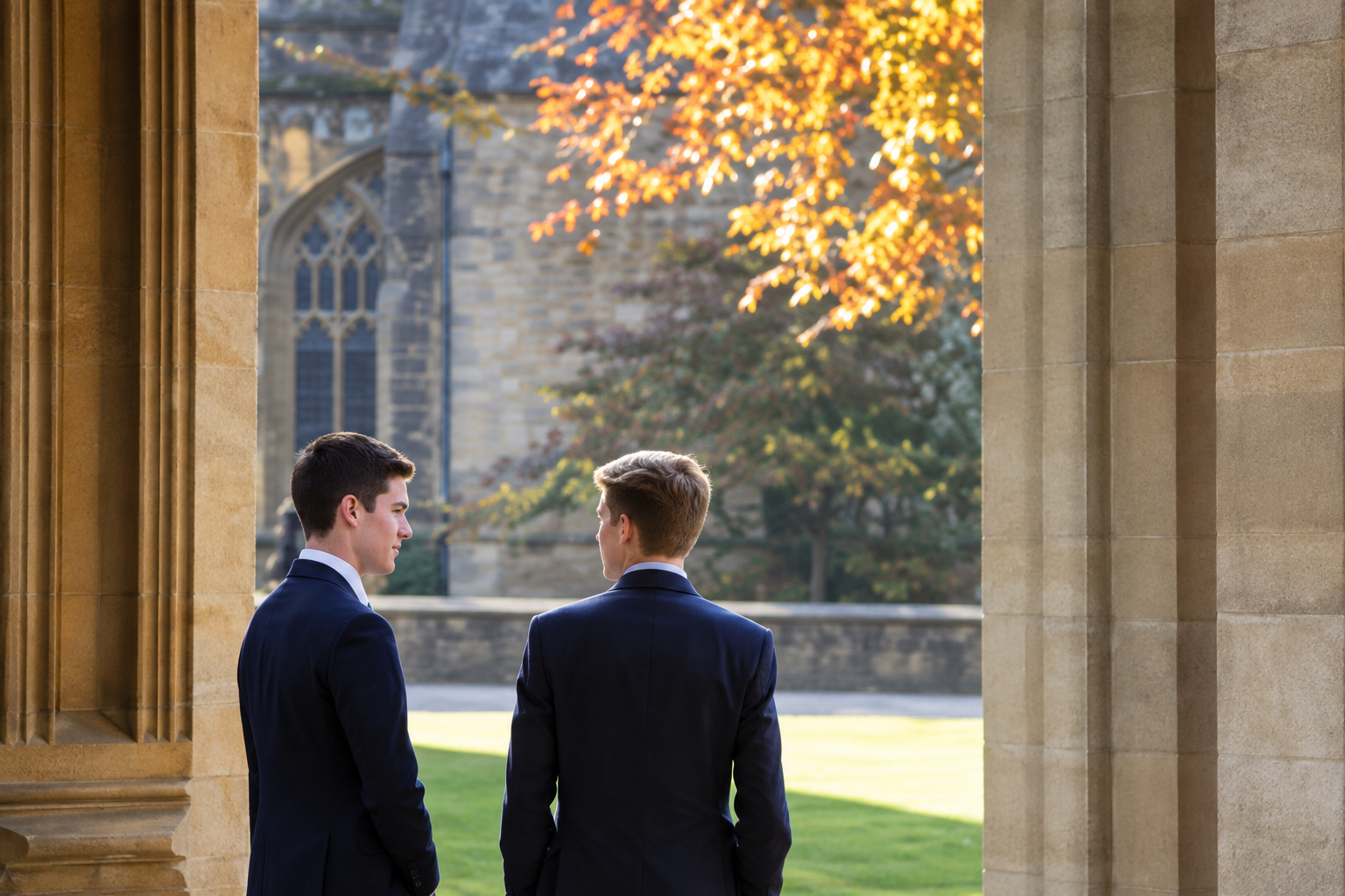 Two young men in suits talking outside on a sunny day with trees and a stone church in the background