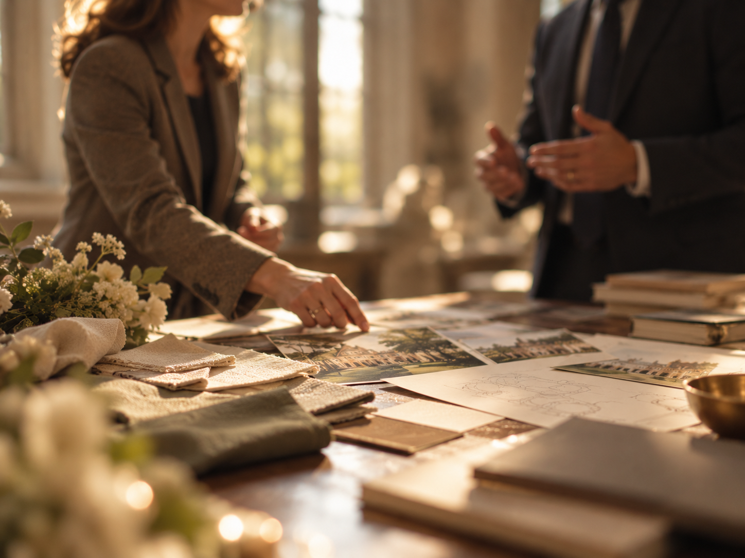 People examining architectural plans and photographs on a table, surrounded by fabric samples, books, and flowers in a sunlit room.