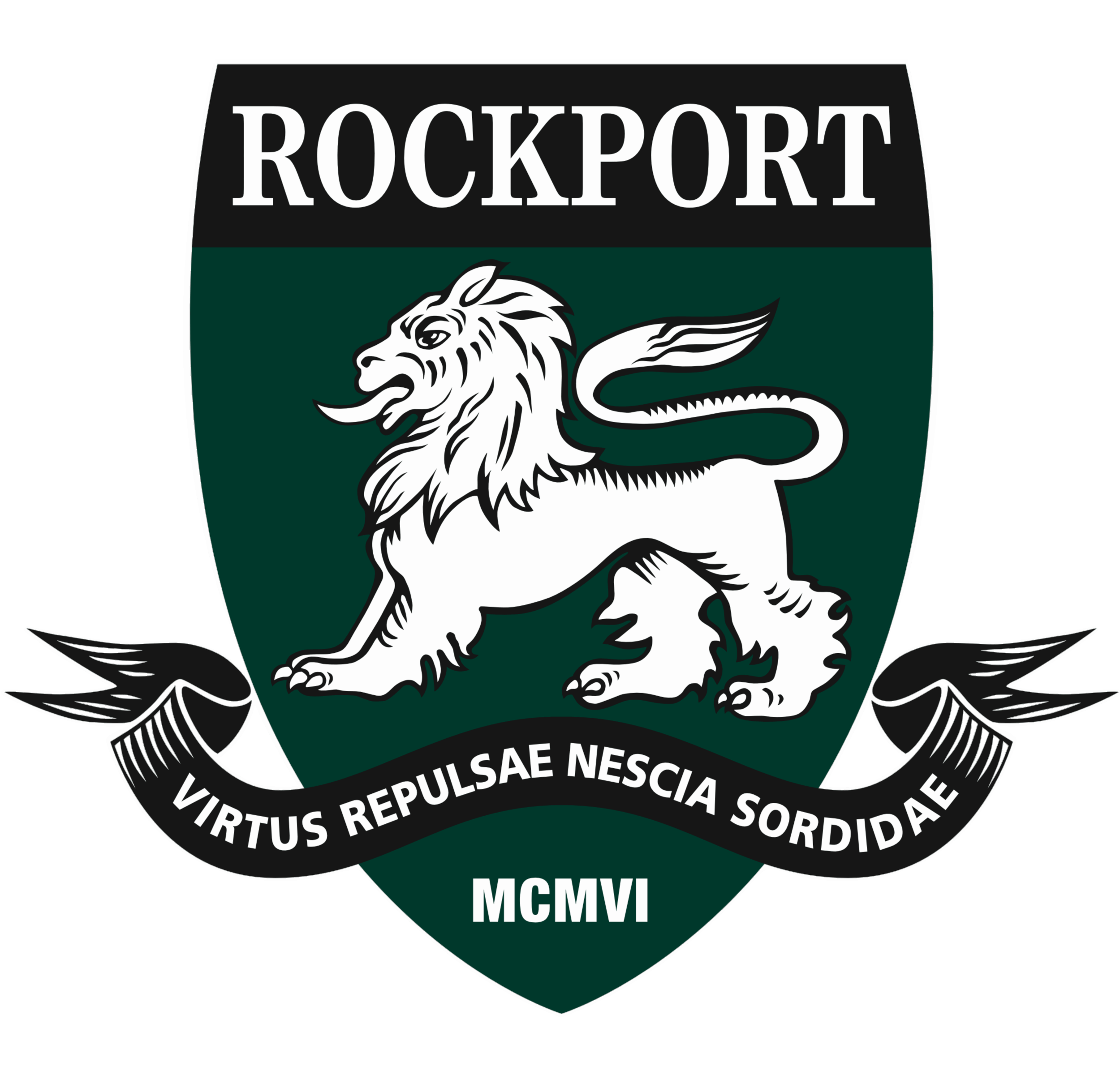 University of Miami shield featuring a white lion with a green background and Latin motto in black banner.