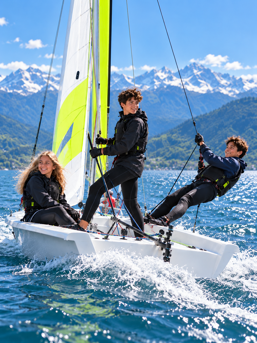 Three people sailing a small boat on a lake with snow-capped mountains in the background, under a blue sky.