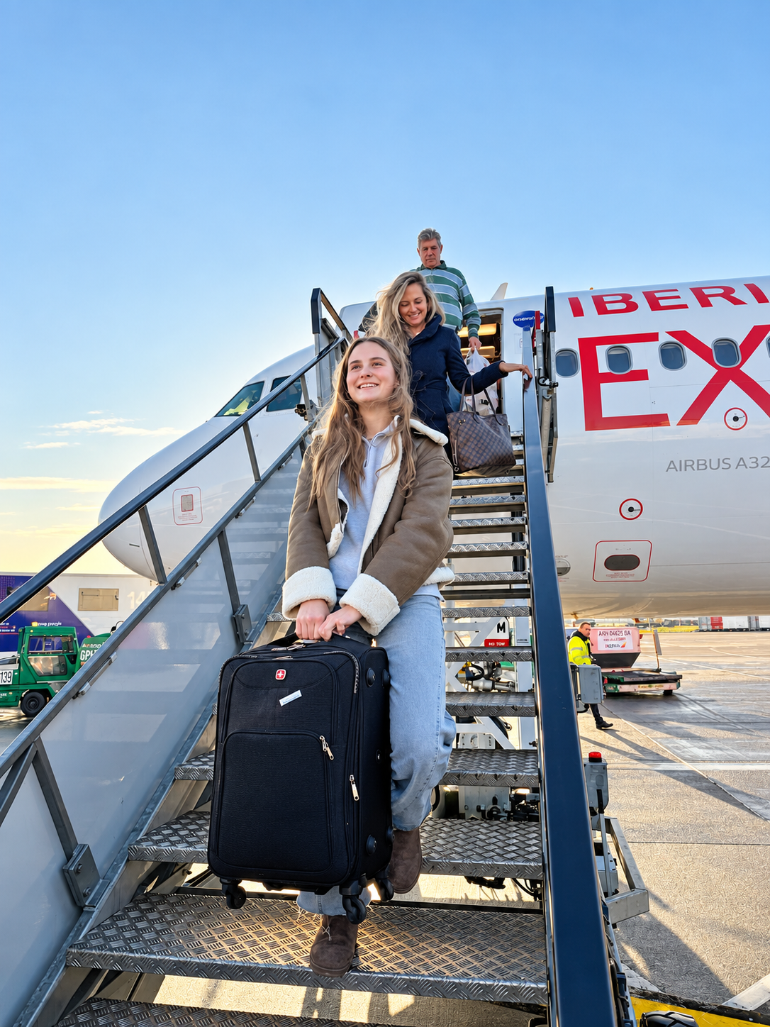 Three people descending airplane stairs at an airport during sunset; a young woman in front with a rolling suitcase, two others behind her.