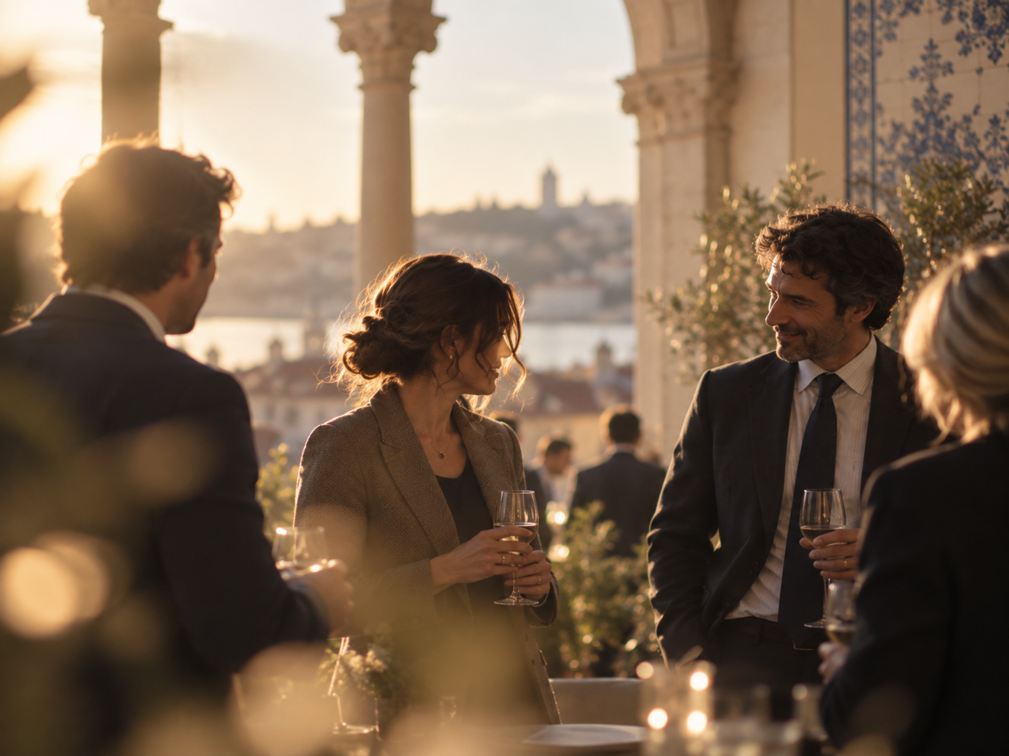 Group of people at an outdoor event during sunset, dressed in formal attire, holding glasses of wine, engaged in conversation with view of cityscape in the background.