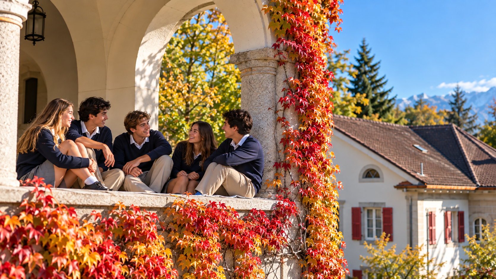 Five teenagers in school uniforms sitting together on a stone balcony surrounded by colorful autumn leaves, with a house and mountain background under a blue sky.
