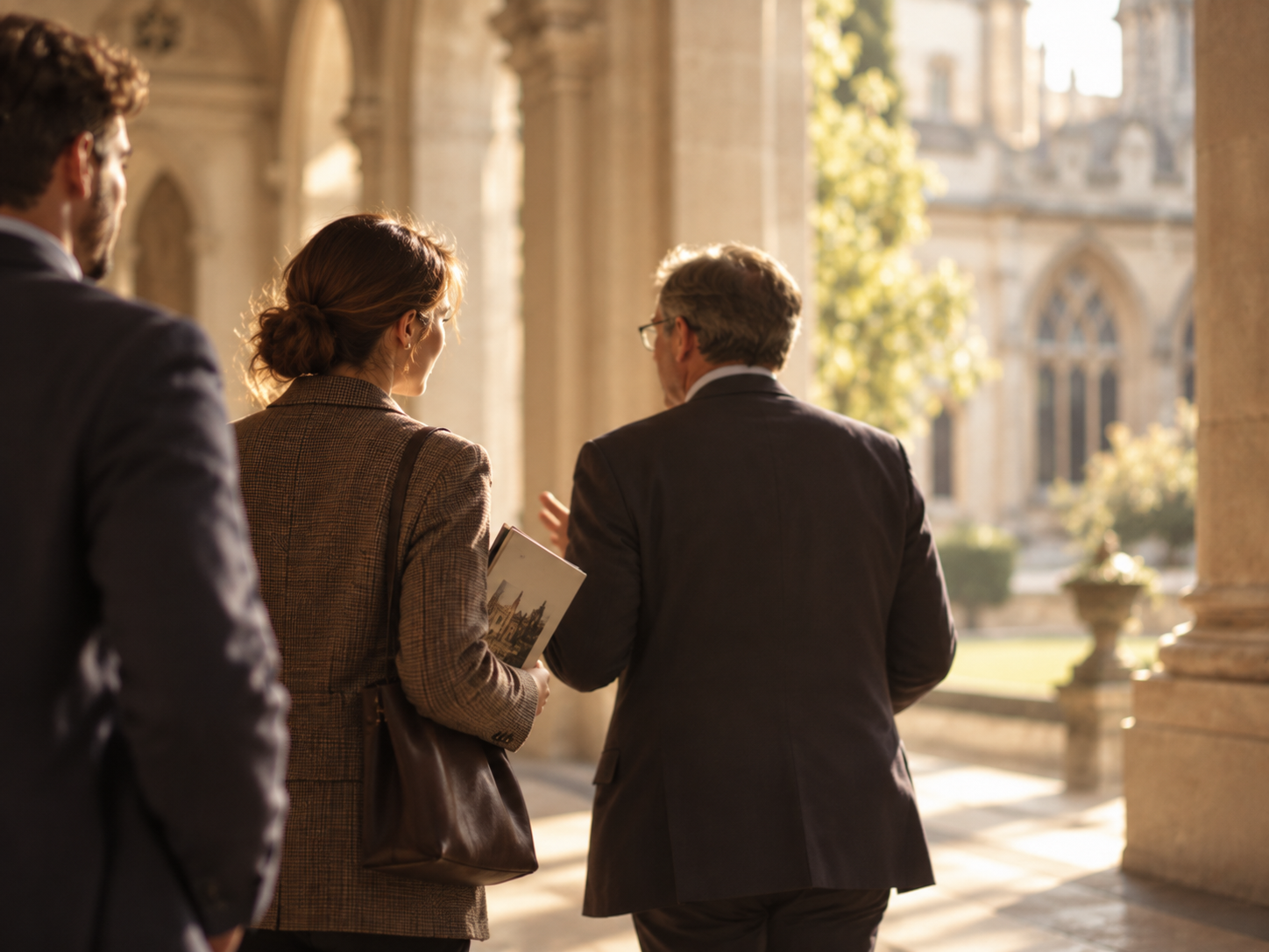 A group of four people in business attire walking and talking through a historical building with large stone columns and arched windows, sunlight filtering through trees outside.