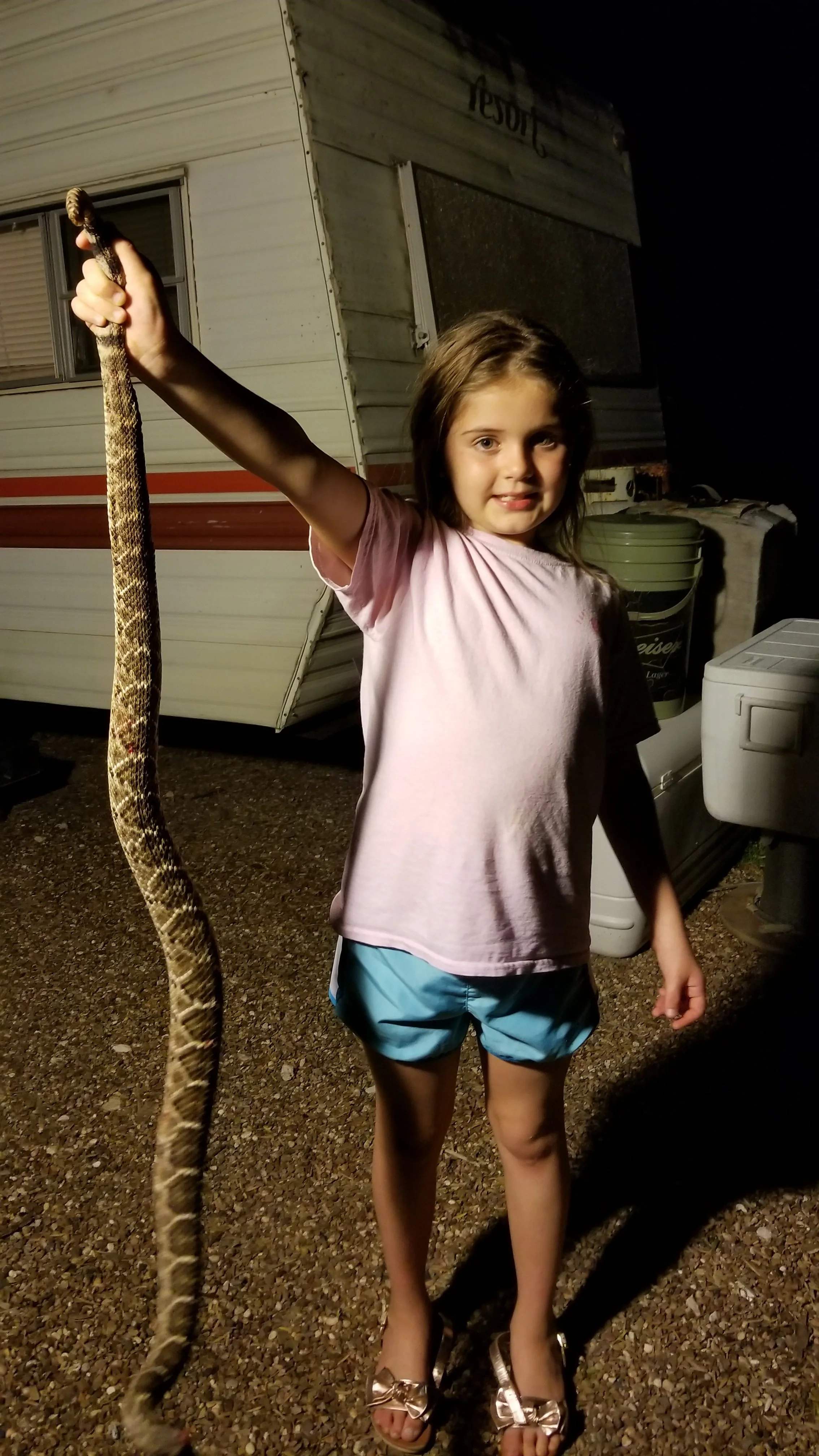 A young girl standing outside at night holding a large snake in her left hand. She is smiling and wearing a pink T-shirt, blue shorts, and sandals with bows. The background shows a camper trailer, some containers, and a gravel ground.