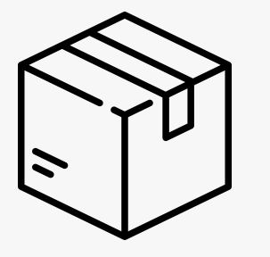 A simple line drawing of a cardboard box with tape on top and some label markings.
