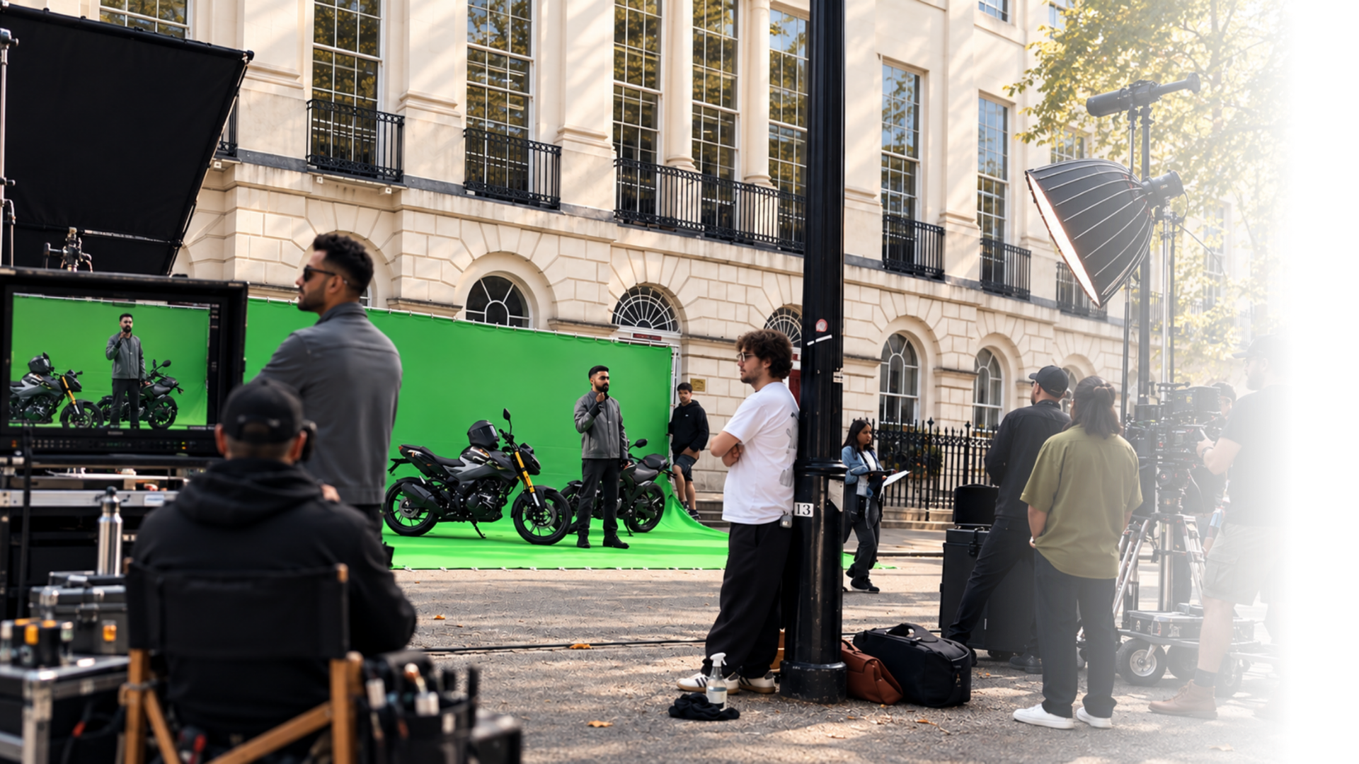 Filming crew and actors preparing for a scene on a green screen set with motorcycles, set outside in front of a large building with multiple windows and black balconies.