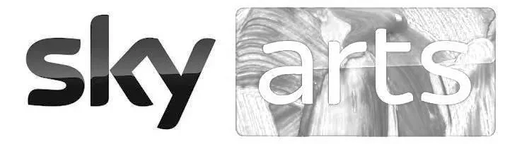 Logo with the words 'sky arts' in stylized font, with 'sky' in black on the left and 'arts' in white on a textured background on the right.
