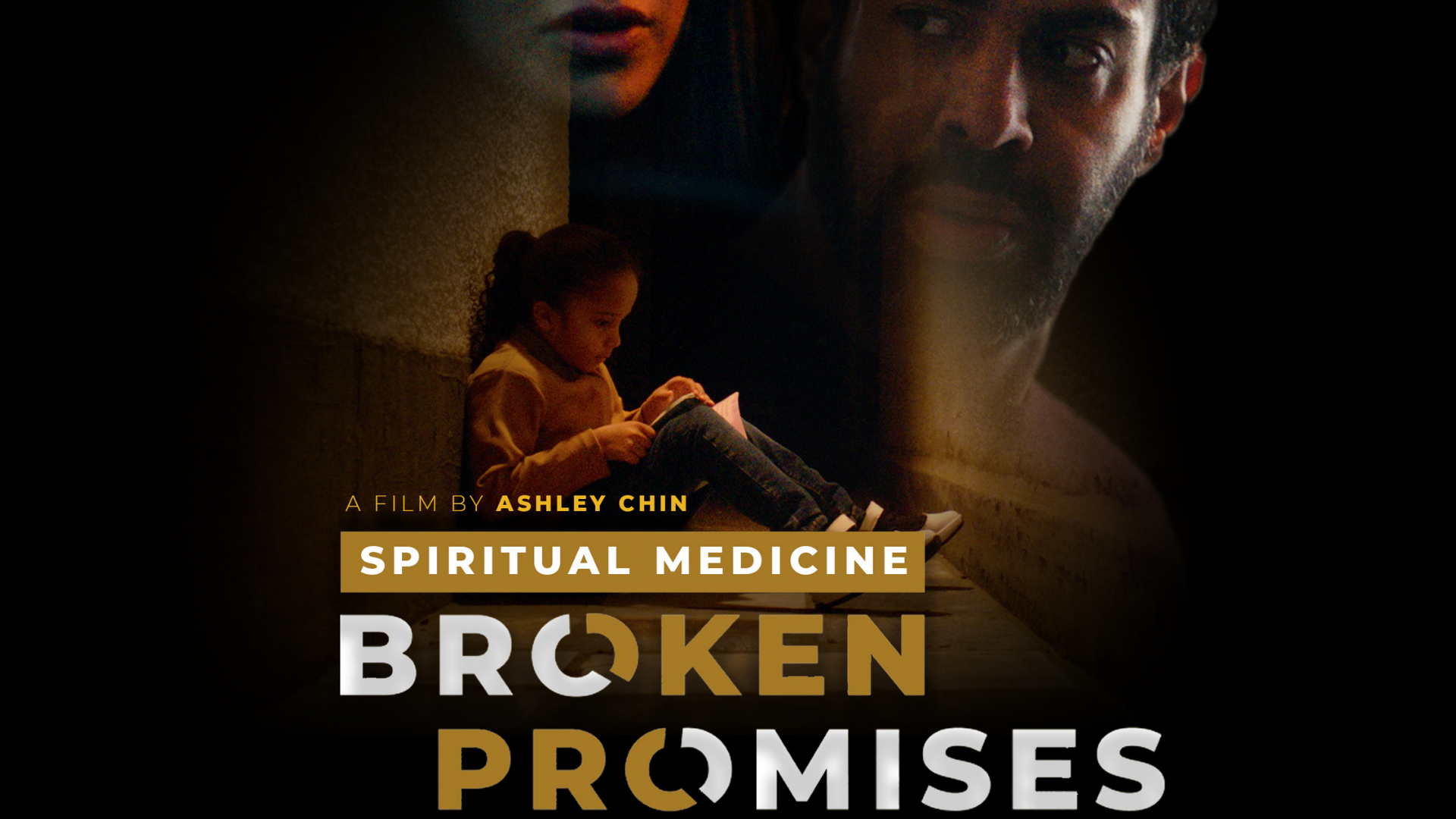 Poster for the film 'Spiritual Medicine' by Ashley Chin, showing a man with a serious expression on the right and a little girl sitting on the ground reading a book on the left.