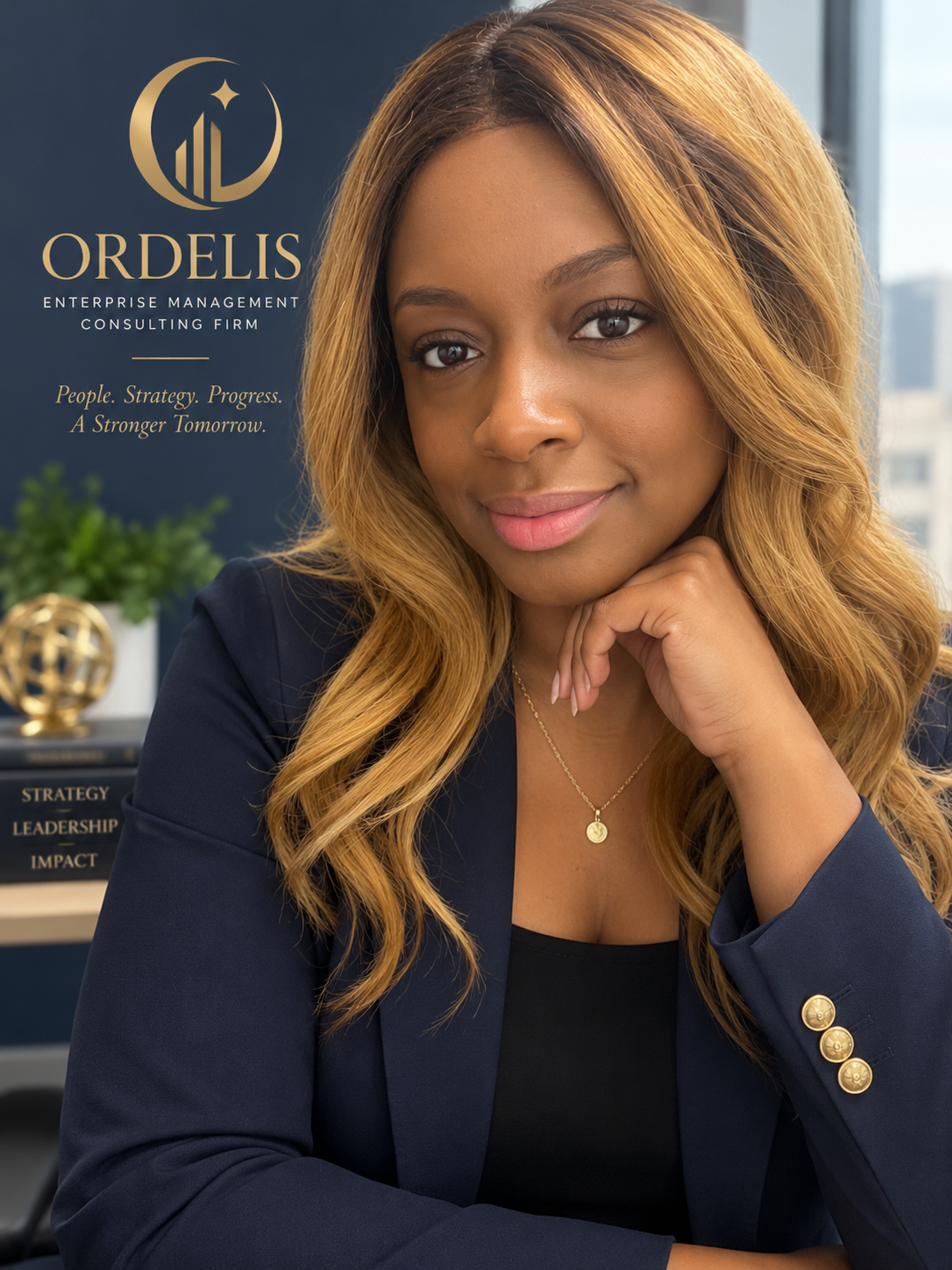 A woman with shoulder-length wavy hair smiling with her hand resting on her chin, in an office setting with a blue background featuring the logo and name of Ordelis Enterprise Management Consulting Firm