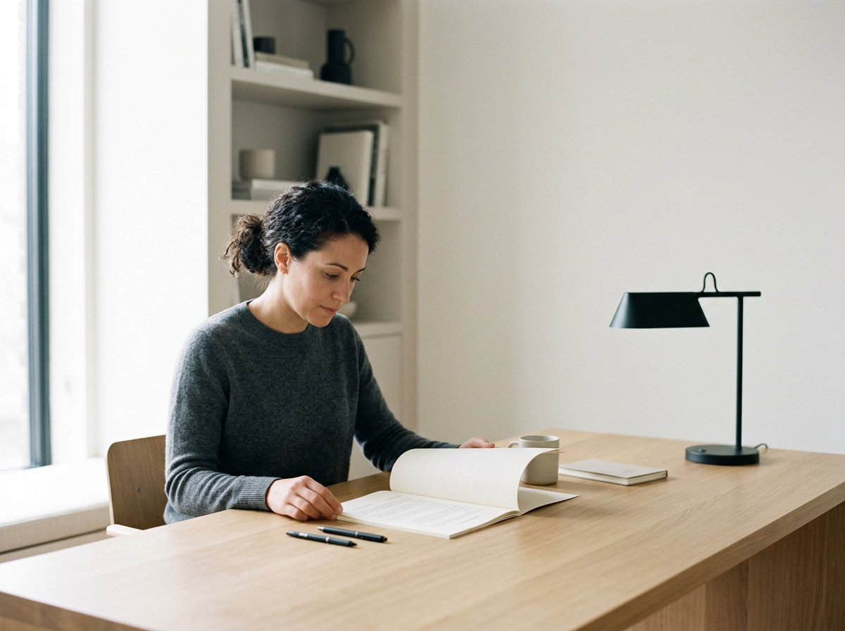 Woman sitting at a wooden table reading a book, with a white mug, closed notebook, and pens in front of her inside a minimalist room with shelves.