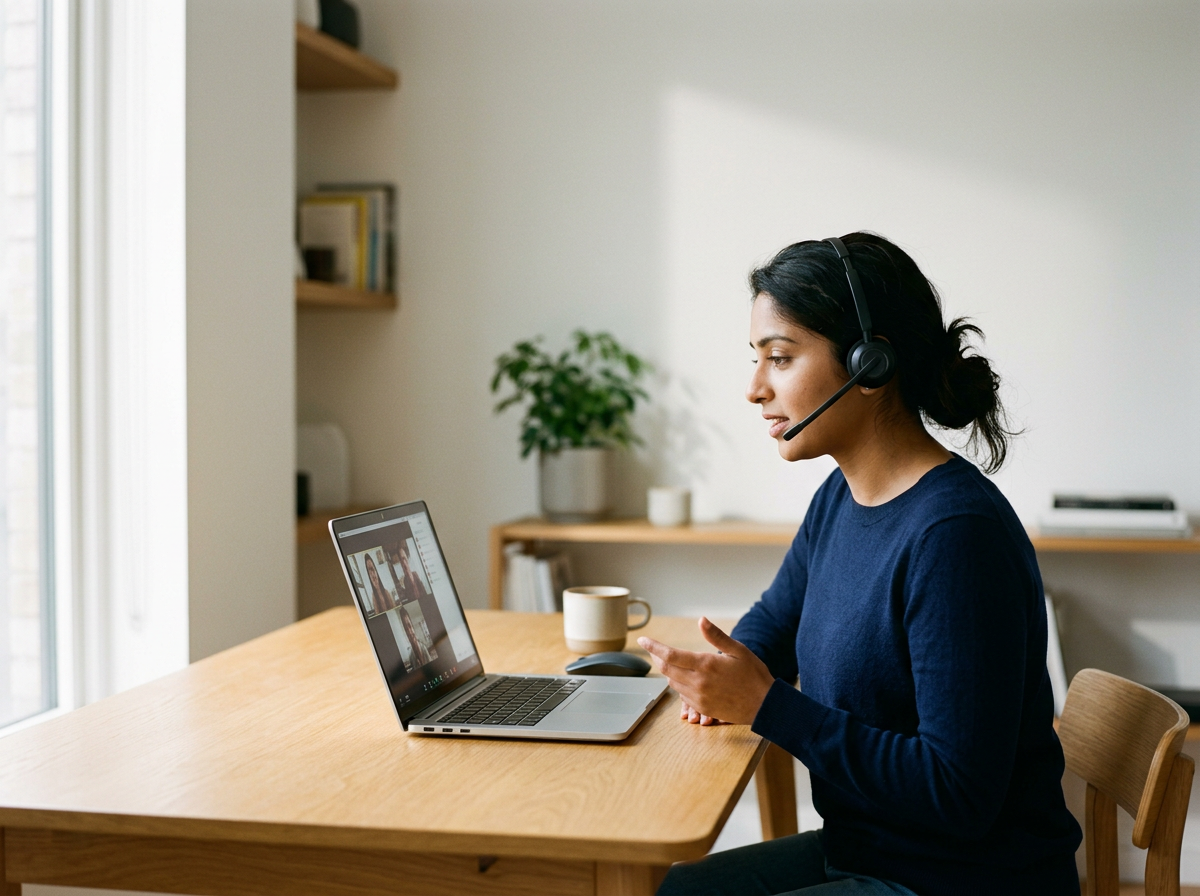 Woman with dark hair wearing a headset, sitting at a wooden table, engaged in a video conference on her laptop, in a room with light-colored walls, a bookshelf, and a green potted plant in the background.