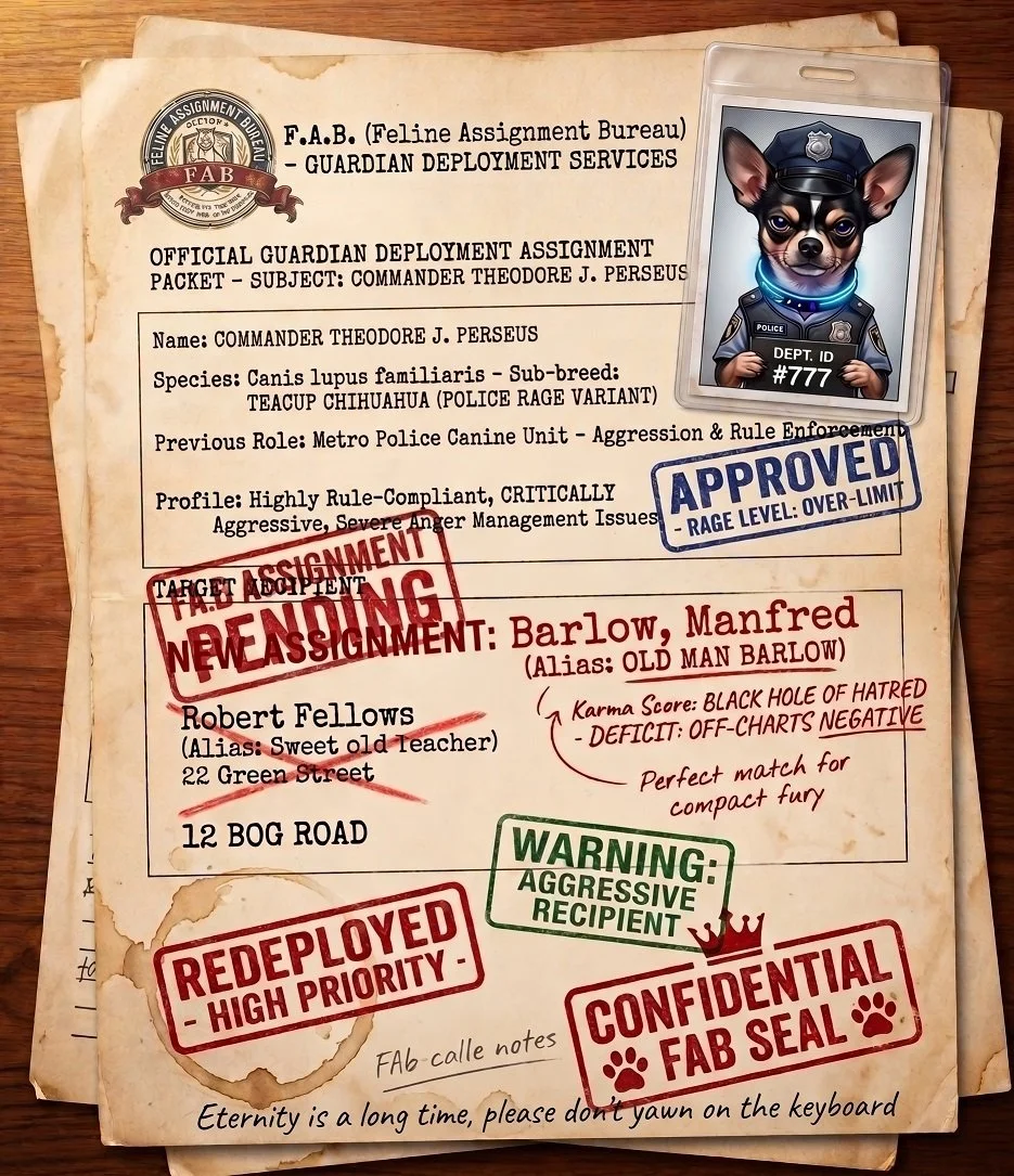 Document titled 'Official Guardian Deployment Assignment' for Commander Theodore J. Perseus, a Chihuahuan dog police officer, with various stamps such as 'Approved', 'Assignment underway', 'Redeployed high priority', and 'Confidential FAB Seal'. A photo of a Chihuahua dressed as a police officer is attached to the document.