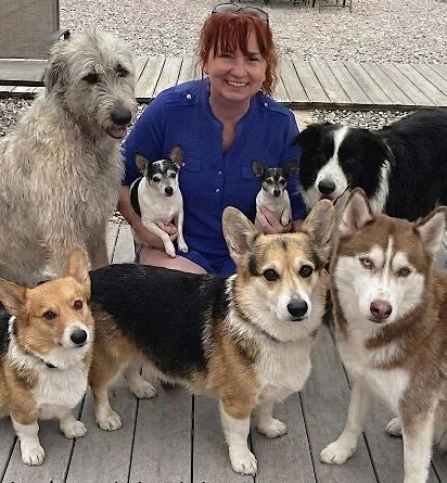 A woman kneeling on a wooden deck surrounded by seven dogs of various breeds and sizes, outdoors.