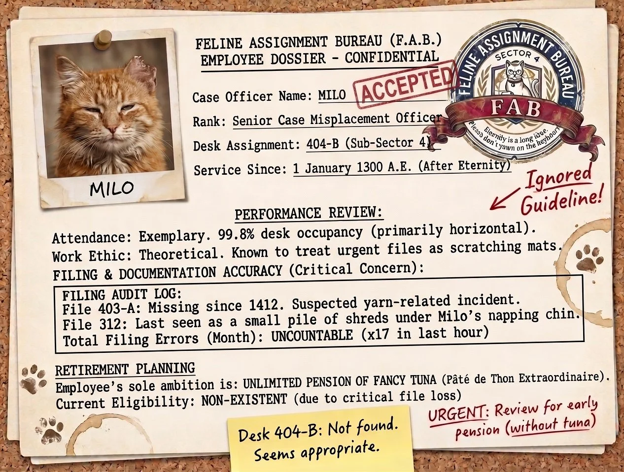 A kitty agency file with a photo of Milo, a senior cat, and a document with various annotations, including a red stamp marked "Accepted," a ribbon labeled "FAB," and handwritten notes indicating ignored guidelines and urgent review.