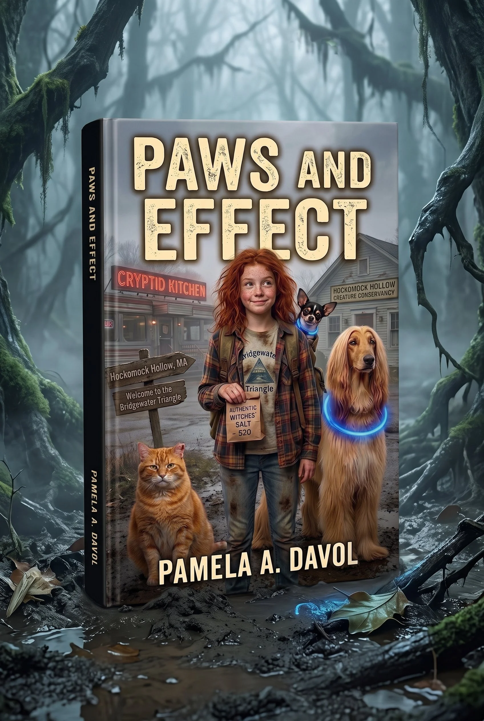 A book cover titled "Paws and Effect" by Pamela A. Davol, set against a dark, swampy, mysterious background with twisted trees and moss, featuring a young girl with red hair, a small dog with a glow collar, a larger dog, and a cat in front of a house with a sign for "Hockomock Hollow Creature Conservancy."