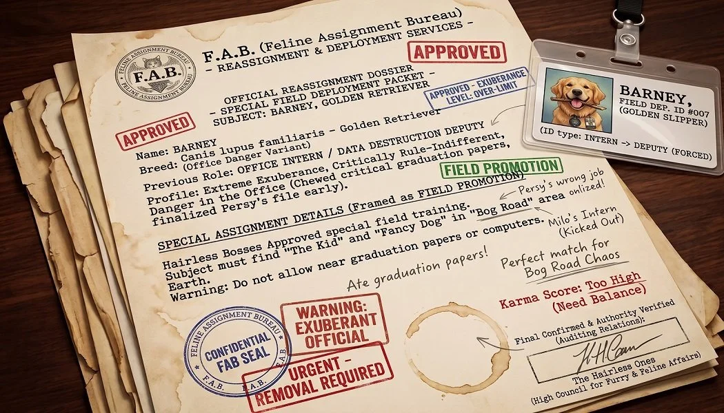 Official Feline Assignment Bureau reassignment file with approved stamps, a dog ID badge, and handwritten notes.