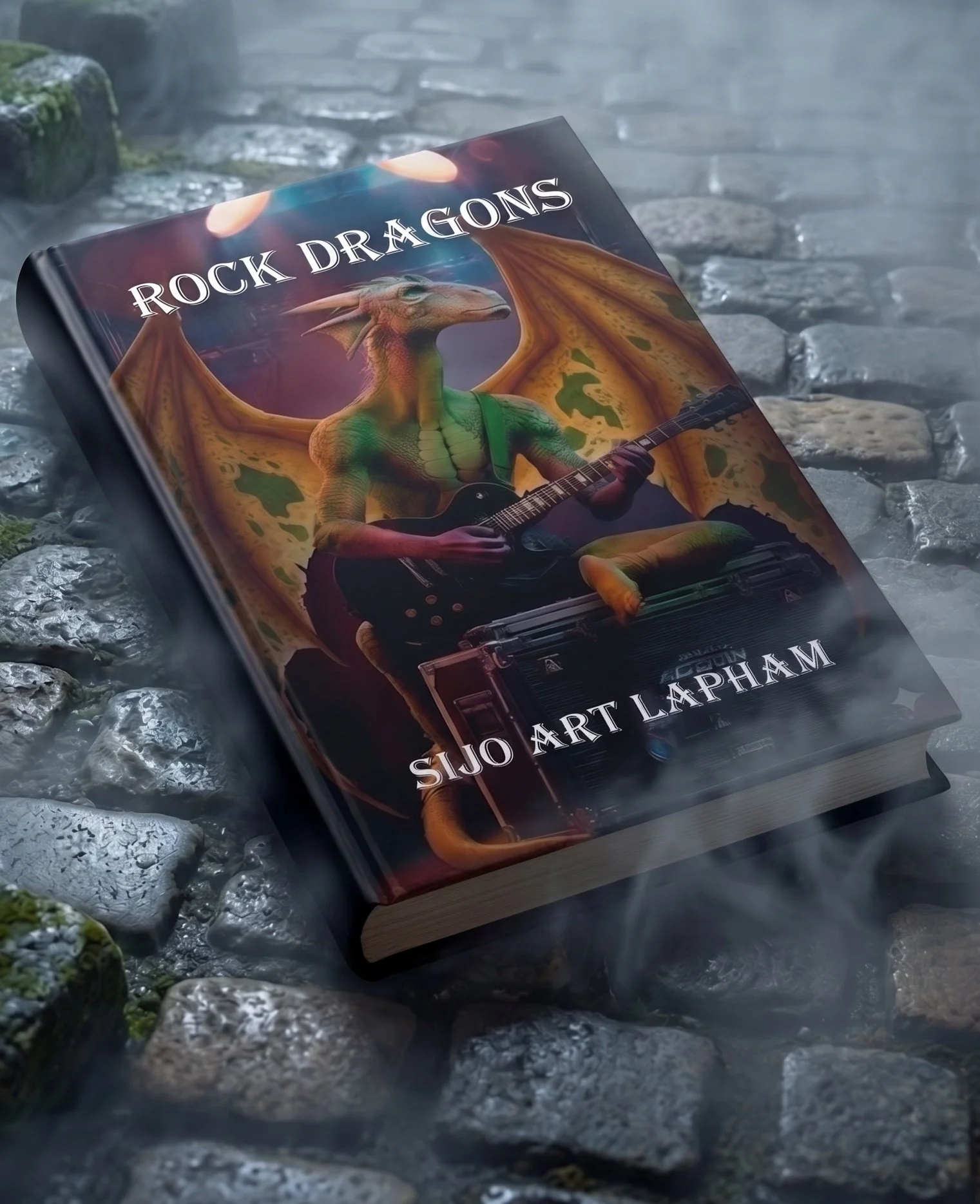 A book titled 'Rock Dragons' featuring a dragon playing an electric guitar, lying on rocky ground with moss and water around.