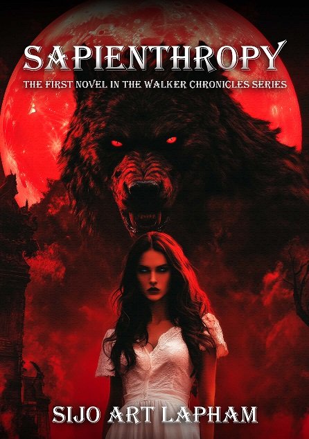 Book cover for "Sapientropy" by Sijo Art Lapham, featuring a woman with long dark hair in a white dress in front of a large, menacing wolf with glowing red eyes, and a red full moon in the background.