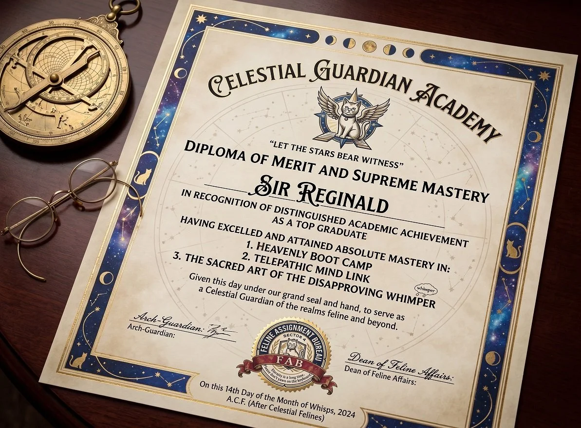 A celestial-themed certificate from the Celestial Guardian Academy, awarded to Sir Reginald for mastery in telepathic mind link, heavenly boot camp, and sacred art of whimper. The certificate is decorated with constellations and stars, with a gold seal, and is accompanied by a compass and eyeglasses on a wooden surface.