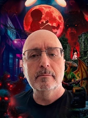 A man with glasses and a bald head taking a selfie with a Halloween-themed background featuring a large red moon, a silhouetted child with a bat, a wolf, a woman, a dragon, and spooky lights.