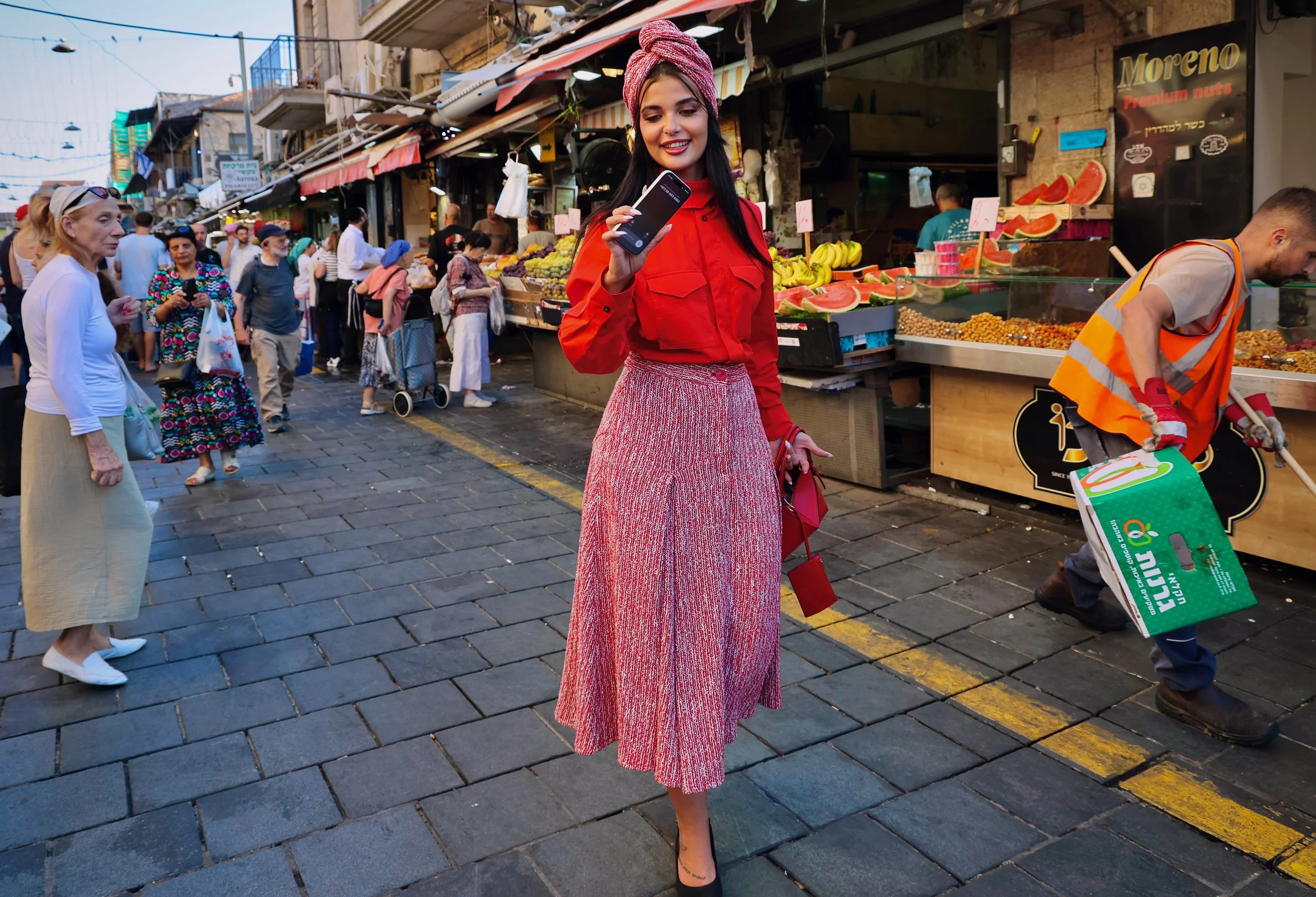 NOÉMIE Rouge framboise - Jupe ample à plis en tweed