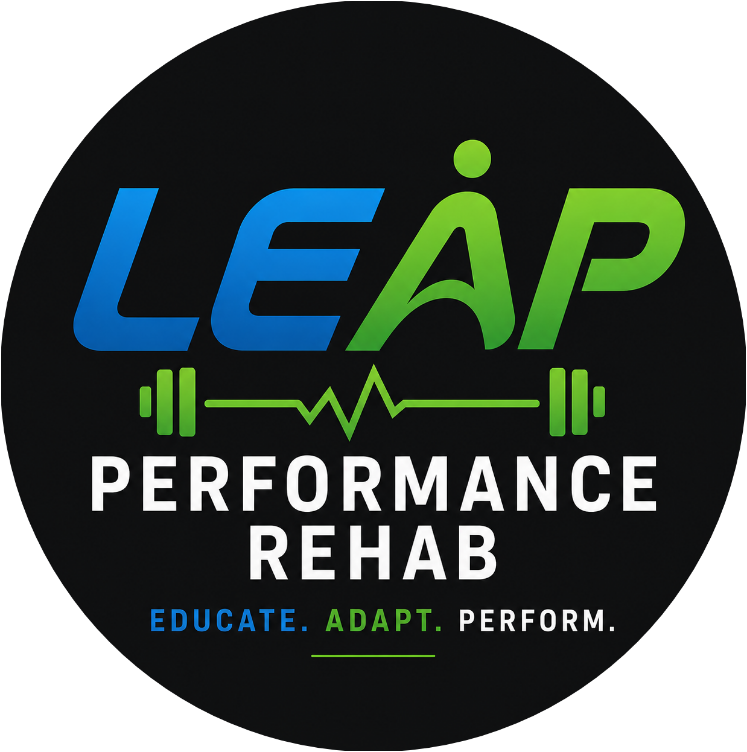 Logo for LEAP Performance Rehab featuring stylized text, a barbell icon, EEG line, and tagline 'Educate. Adapt. Perform.'