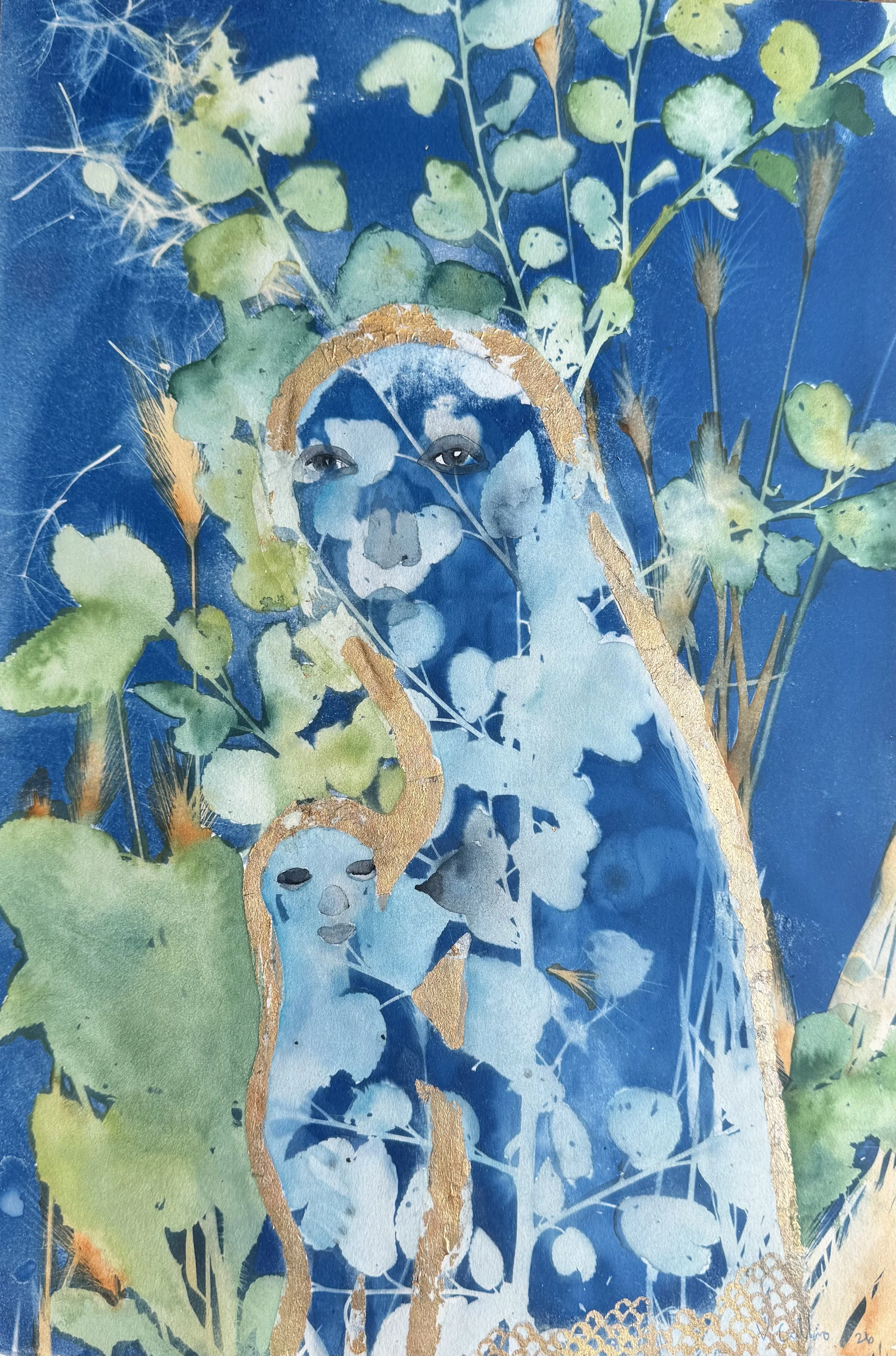 Watercolor painting of a young girl with long dark hair, gazing, surrounded by green leaves and branches with gold accents, set against a blue background.