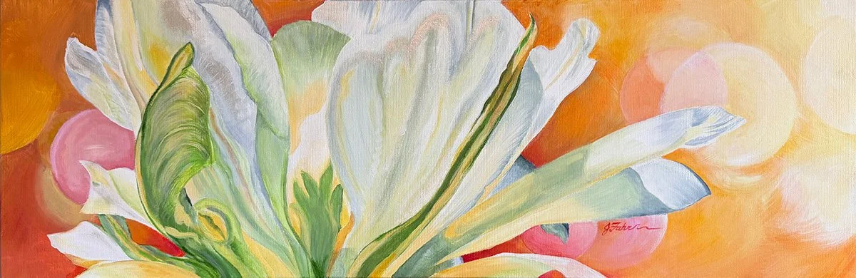 Shimmer: A commissioned piece designed for a very specific horizontal space, palette, and personal taste. Iridescent silver accents catch changing light across the abstract floral forms, giving the painting its name.  Owner: Ardis and Joe