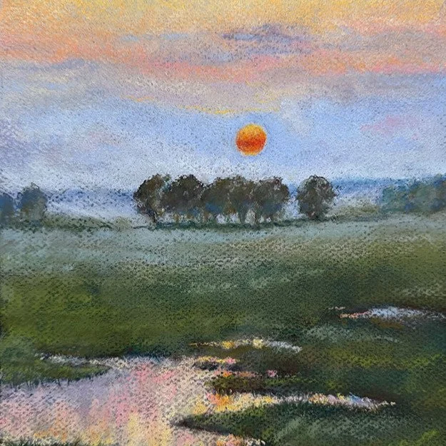 Embers on the Horizon: Pastel | 8 x 11.5" unframed
I love Nebraska scenery. This piece features the morning mist as it softens the landscape and the rising sun glows like a solitary ember above the horizon. Reflections reveal evidence of a recen