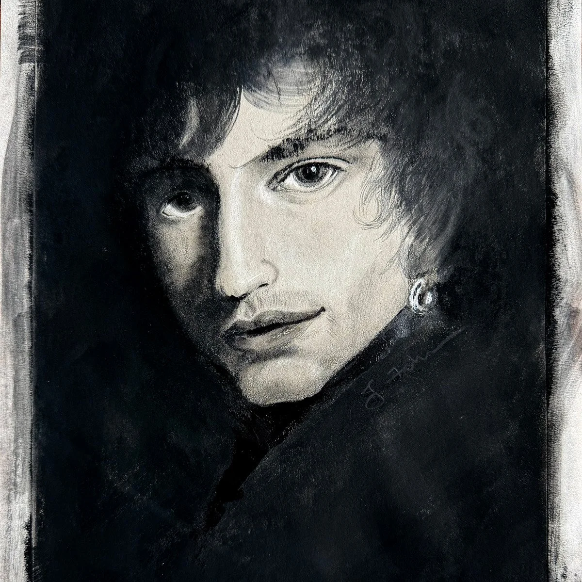 Guy with a Hoop Earring
Pencil, charcoal, pastel, acrylic, and iridescent silver on grey paper

Color often tells us where to look. Without it, we begin to notice something else: light itself.

Created for a black-and-white exhibition, this portrait 