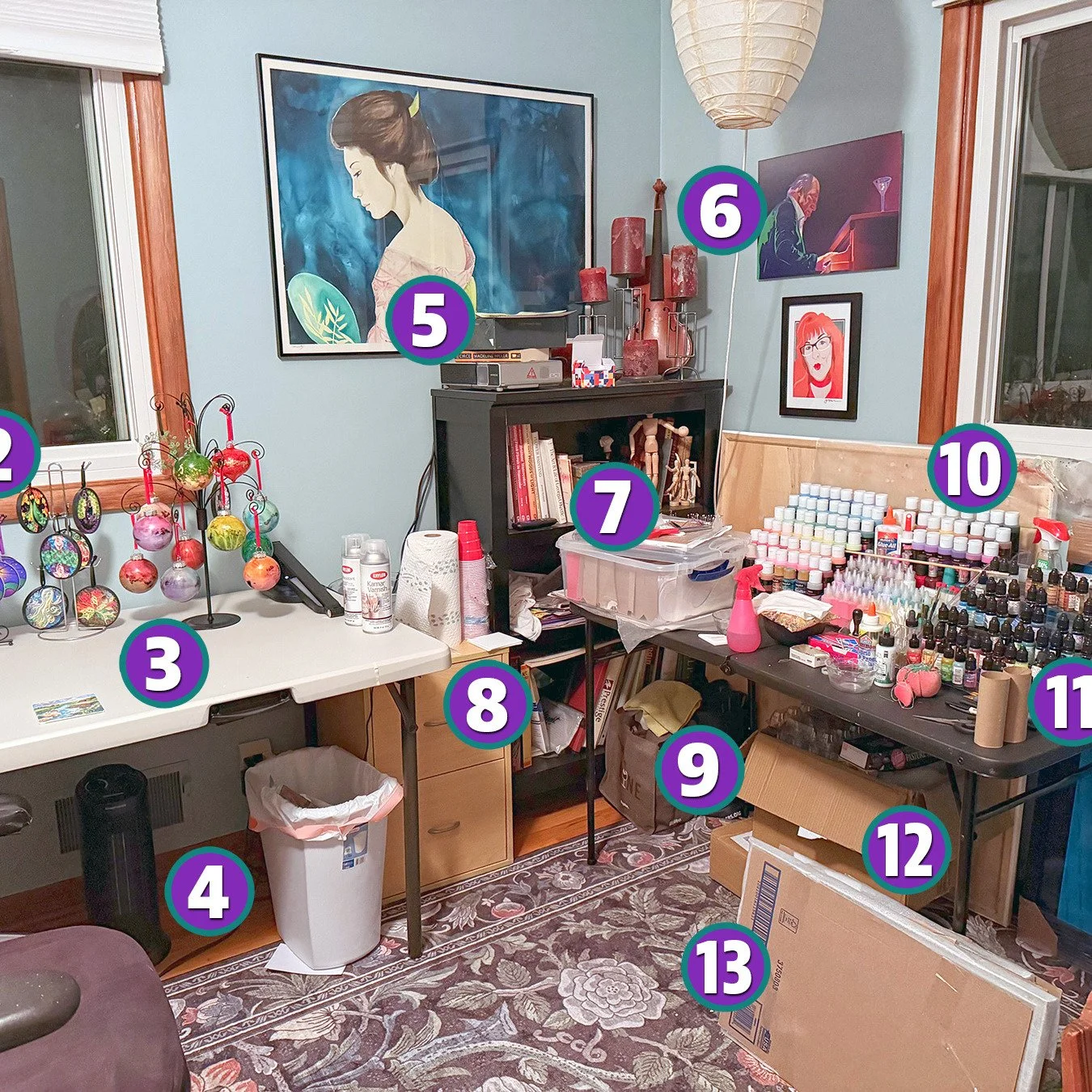 Scenes of an Art Studio:
1) Duck tape office chair arm - maybe someday
2) Ready for Pumpkin Fest
3) Mini-Painting for Crete Library
4) Air control for this ecto-therm
5) I don't know what this is
6) Attempt at decorating
7) Quilling projects yet to c