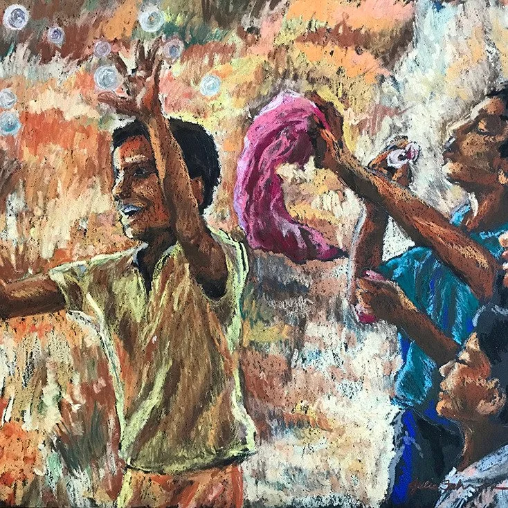 Stolen Moments by Julie Fahrlander - Pastel. Inspired by the joy of childhood, Stolen Moments captures a brief escape into play. Warm fall colors and loose, energetic strokes create a sense of movement and wonder. But the larger story? That is for th
