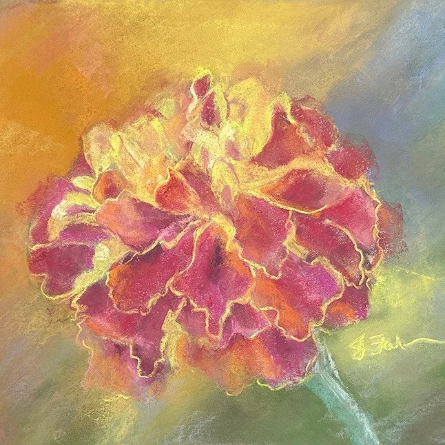 French Marigold by Julie Fahrlander
Lately, I've been focusing on my pastel work. Somehow I feel more in control, and yet freer in overall flare. This Souci Fran&ccedil;ais is a study in radiant color as yellows, oranges, reds, and magentas emerge fr
