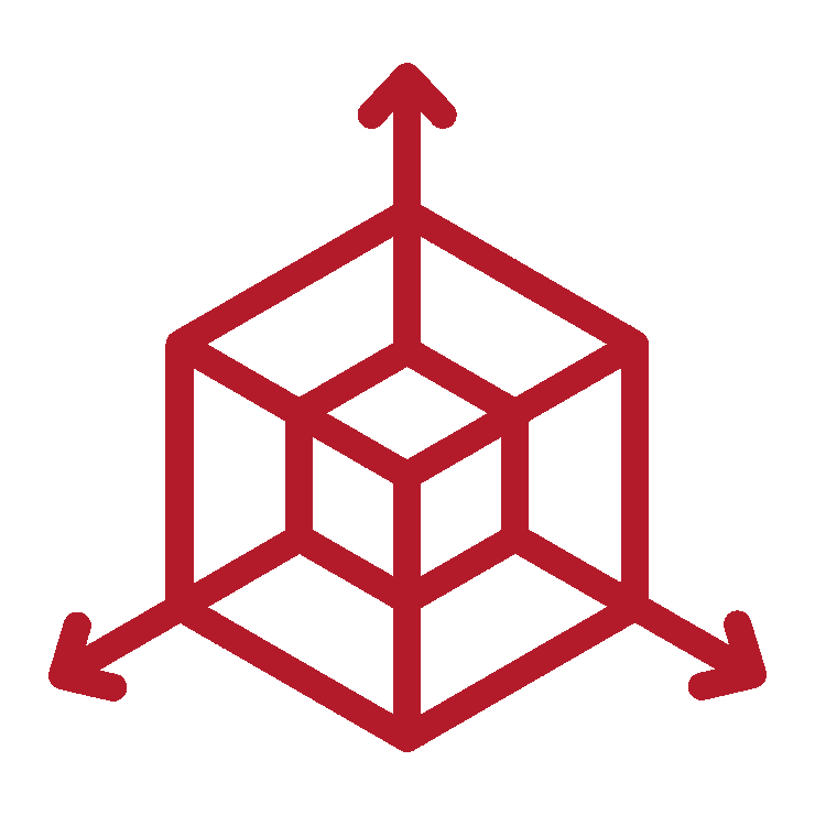 A red 3D wireframe cube with axes labeled X, Y, and Z