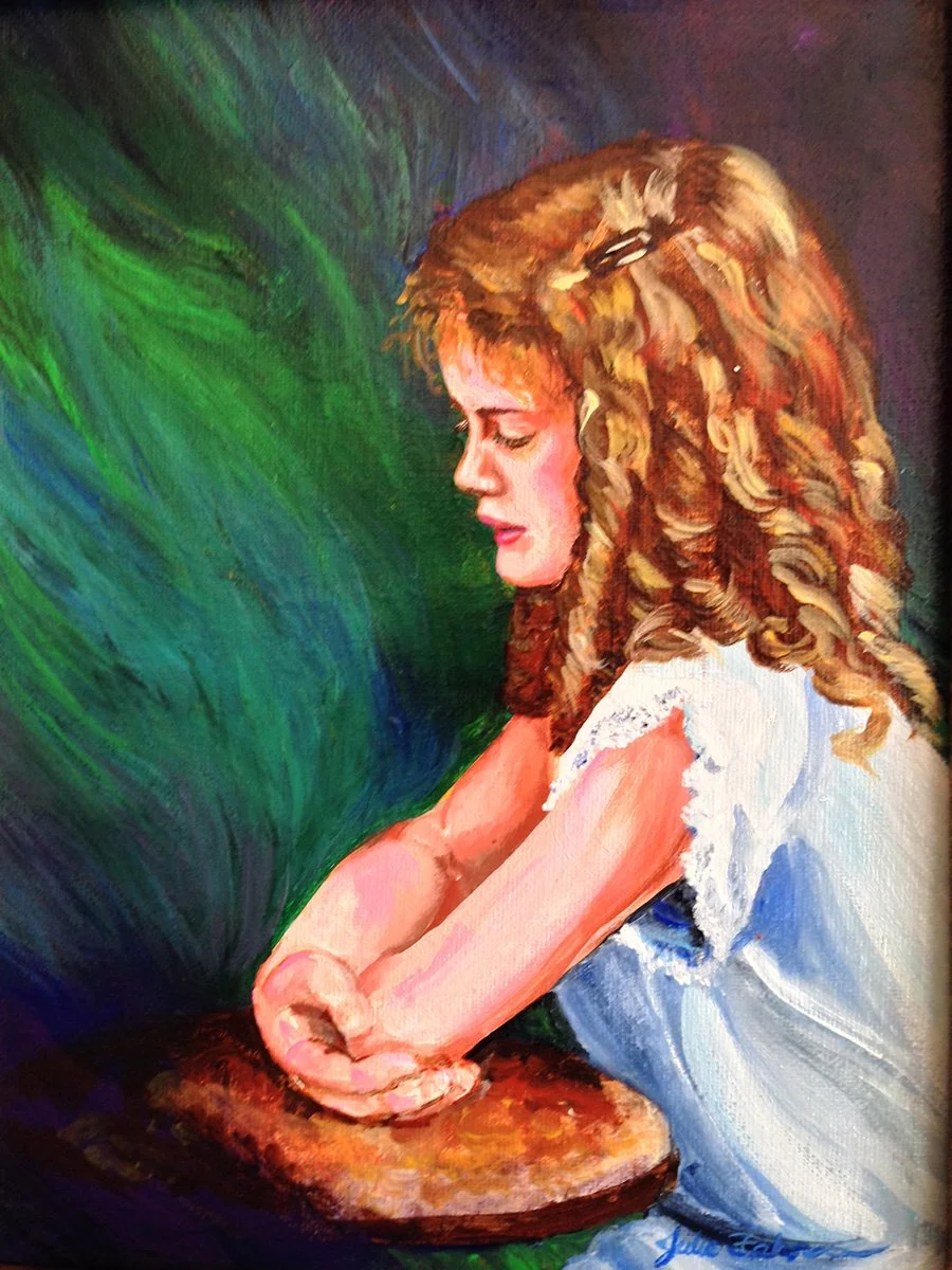 Thoughtful (Rowena): One of my first acrylic portraits after returning to art, created from a sepia photograph of a friend’s mother who had recently passed away. I brought her into color and surrounded her with a more vibrant, expressive background. 