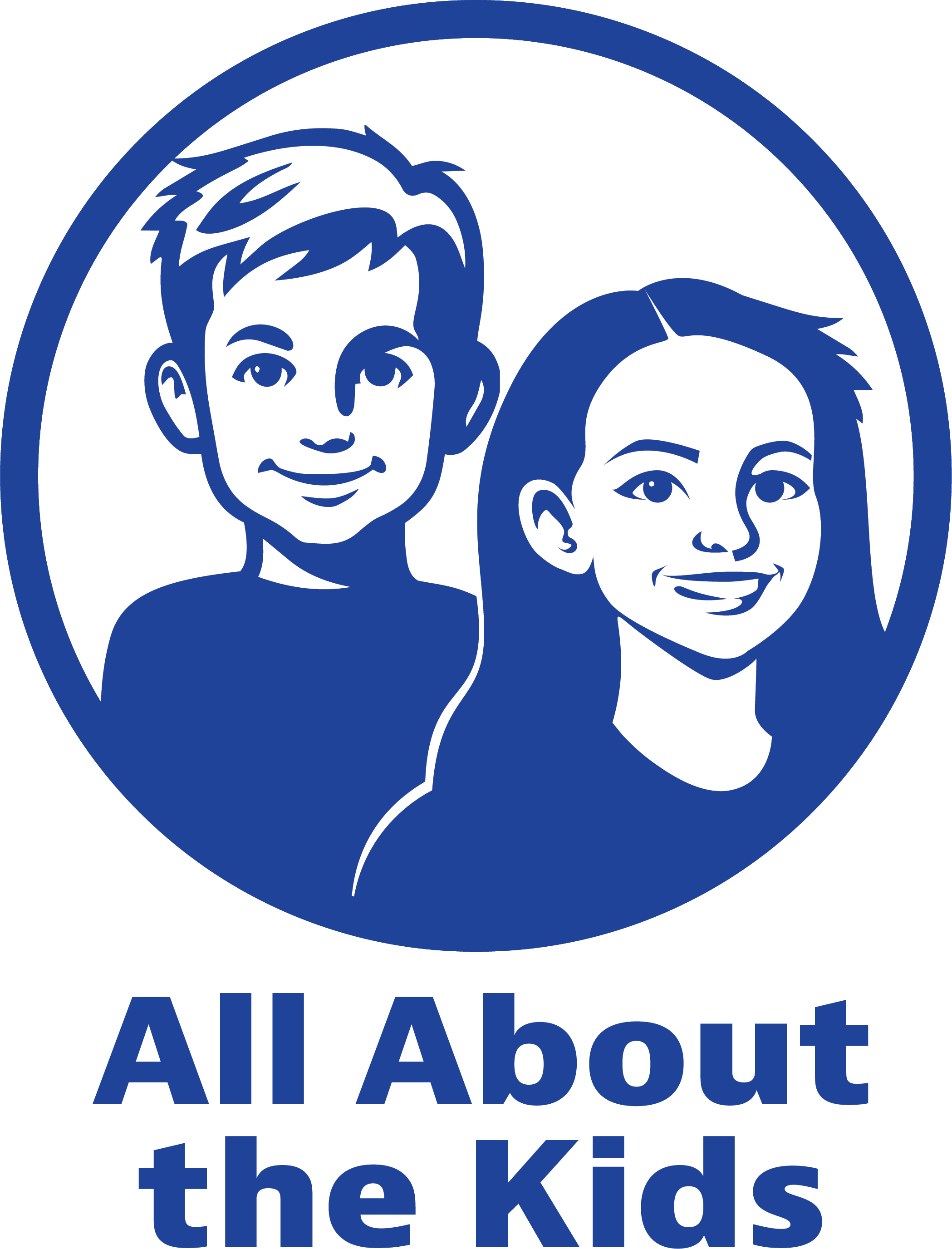 Blue and white logo with a drawing of a boy and girl, smiling, above the text 'All About the Kids'.