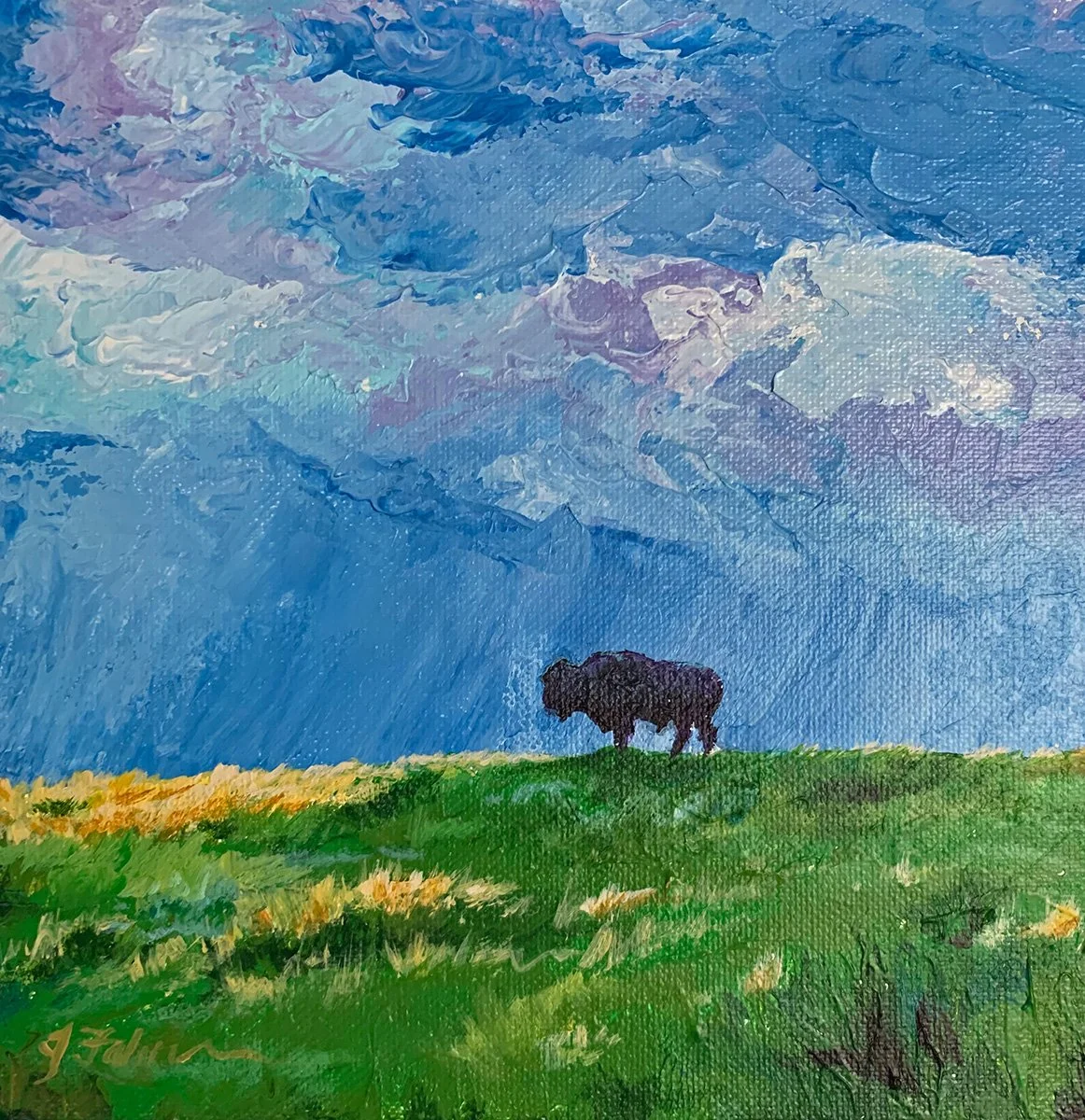 Prairie Sentinel: Inspired by a photograph by my friend Ann Teget, this small acrylic keeps the brushwork loose and expressive, allowing a lone bison and an enormous prairie sky to tell the story.  Owner: Lacey