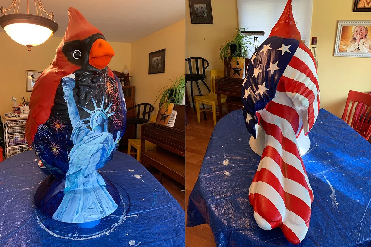 America the Beautiful: Created for the Blue River Arts Council’s Birds of a Feather public art project, this three-foot fiberglass cardinal celebrates America through the Statue of Liberty, fireworks, and the stars and stripes.  Owner: Pinnacle Bank.