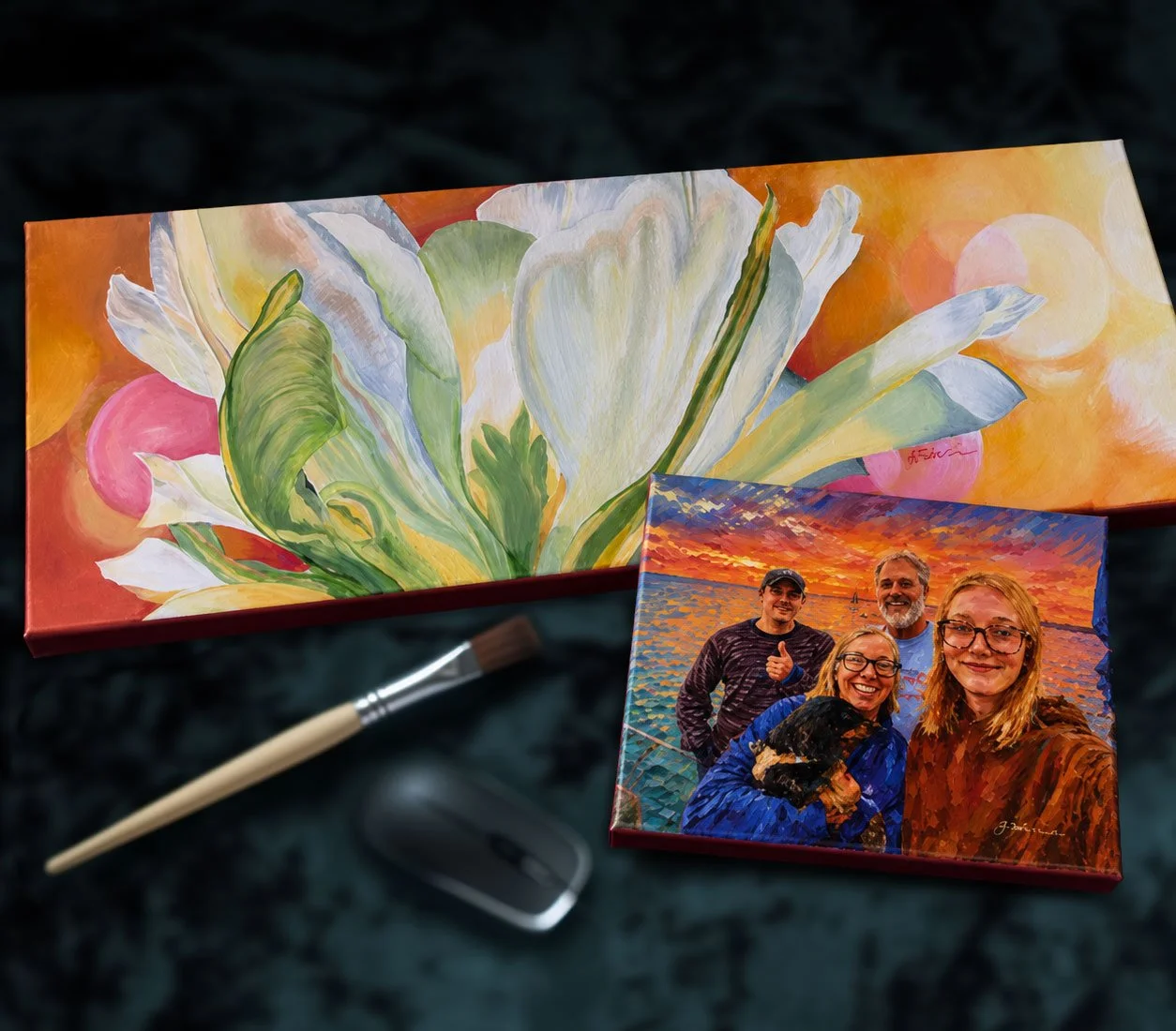 Commissions art includes an acrylic abstract floral painting, and custom digital art, stylized and printed on canvas.