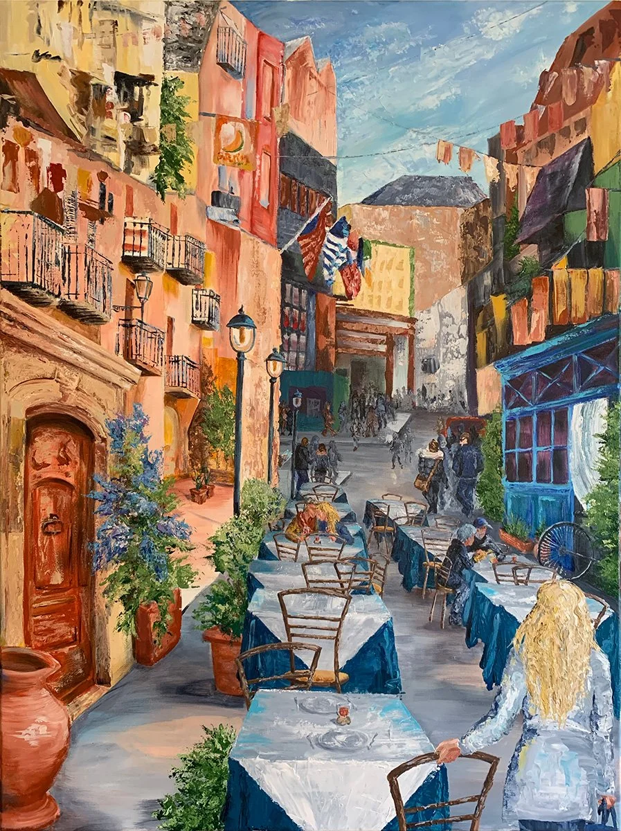 Europe Street Scene: A commissioned acrylic created for a client who wanted a large, colorful European street scene, complete with café tables, old architecture, and the feeling of wandering into a lively neighborhood abroad.  Owner: Terry